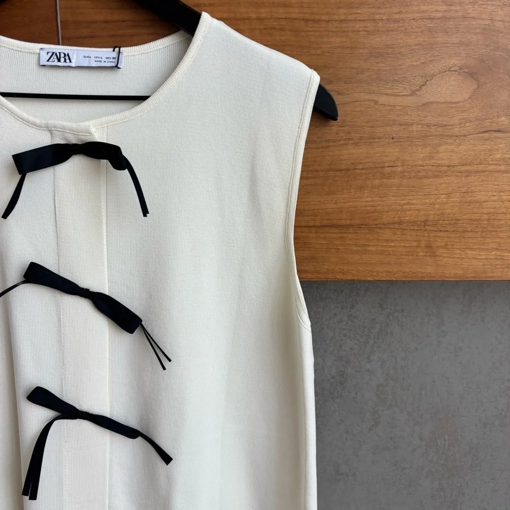 NWT ZARA KNIT MINI DRESS WITH CONTRASTING BOWS, SIZE L - Picture 12 of 14